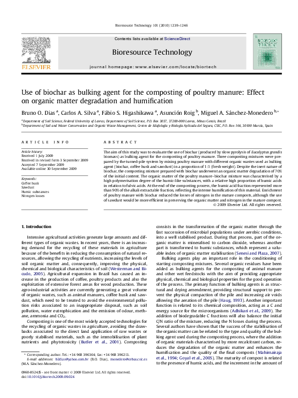 (PDF) Use of biochar as bulking agent for the composting of poultry ...