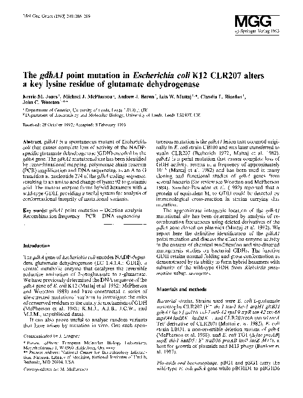 (PDF) The gdhA1 point mutation in Escherichia coli K12 CLR207 alters a ...
