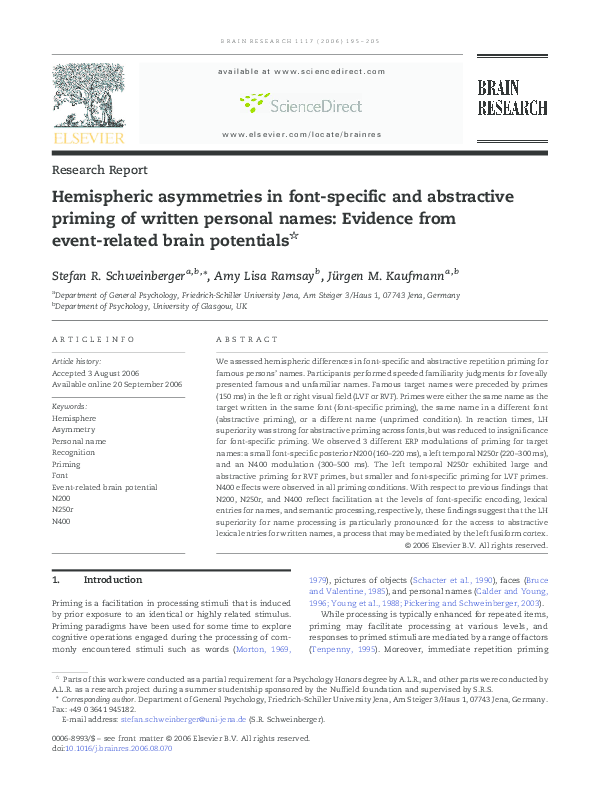 (PDF) Hemispheric asymmetries in fontspecific and abstractive priming