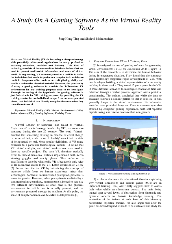 (PDF) A Study On A Gaming Software As the Virtual Reality Tools