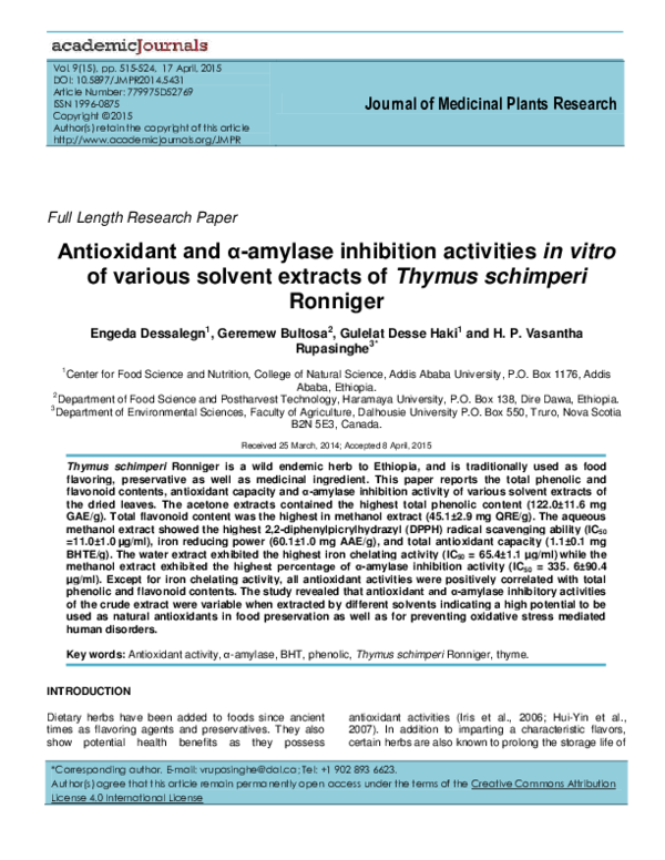 (PDF) Antioxidant and α-amylase inhibition activities in vitro of ...