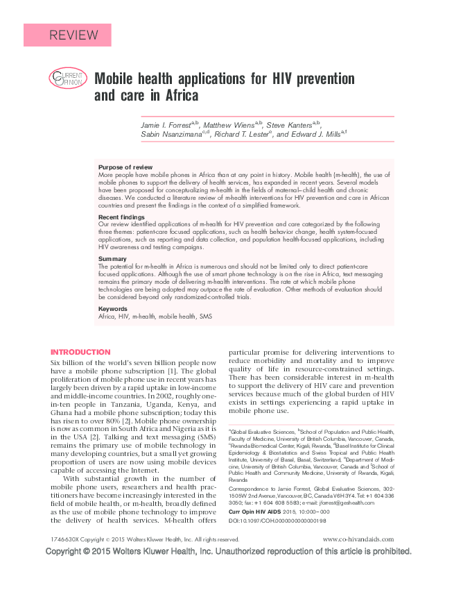 (PDF) Mobile health applications for HIV prevention and care in Africa