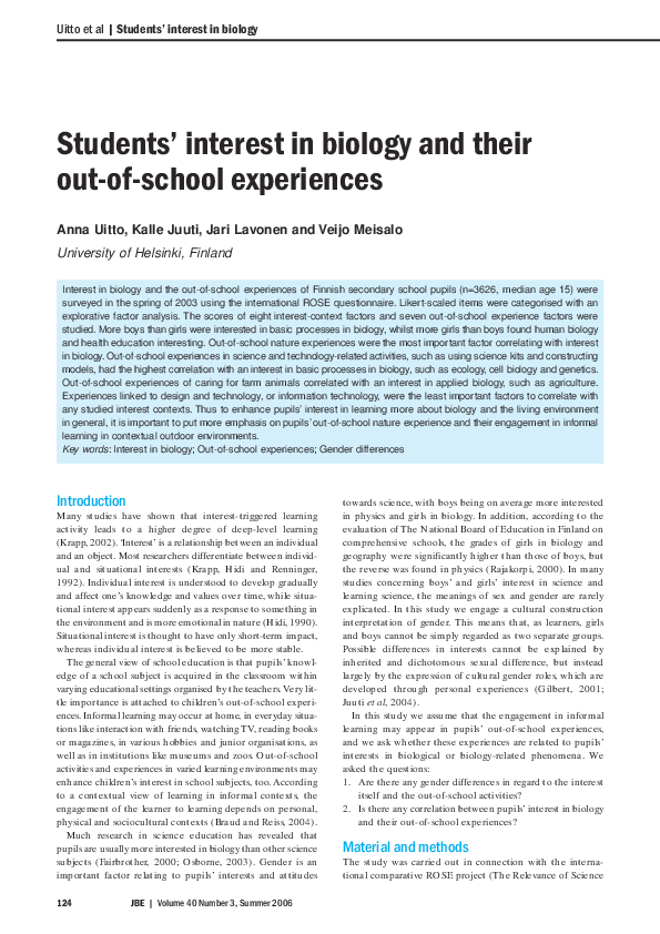  PDF Students Interest In Biology And Their Out of school Experiences