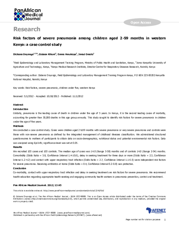(PDF) Risk factors of severe pneumonia among children aged 2-59 months ...