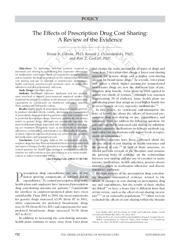 (PDF) The Effects of Prescrip- Tion Drug Cost Sharing: A Review of the ...