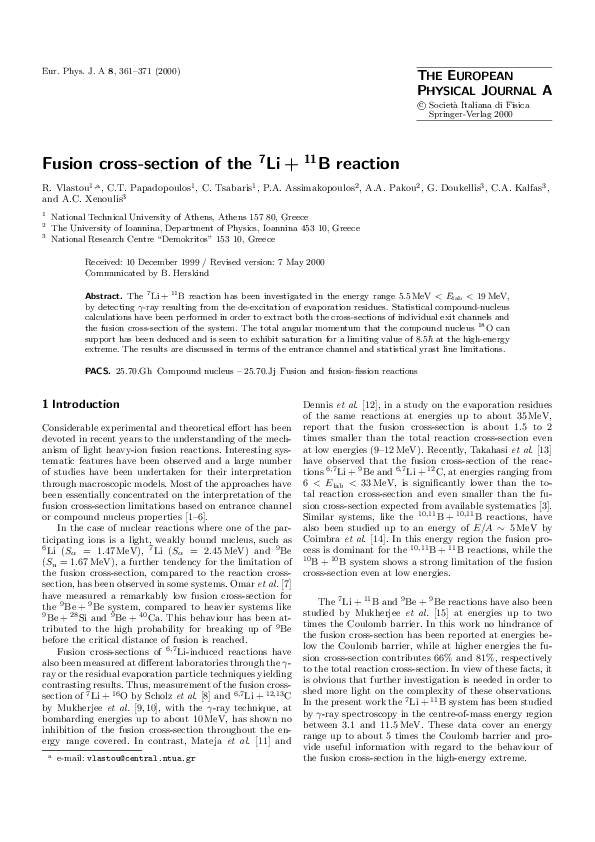 (PDF) Fusion cross-section of the 7Li + 11B reaction