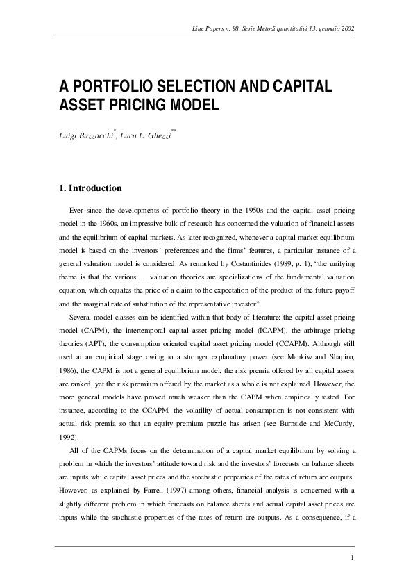 (PDF) A PORTFOLIO SELECTION AND CAPITAL ASSET PRICING MODEL Luigi