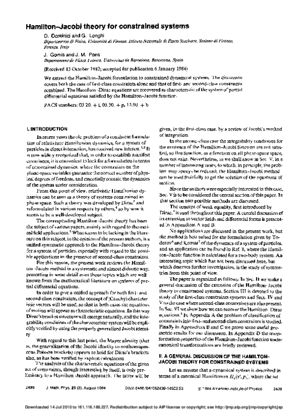 (PDF) Hamilton–Jacobi theory for constrained systems