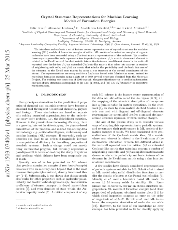 (PDF) Crystal structure representations for machine learning models of ...
