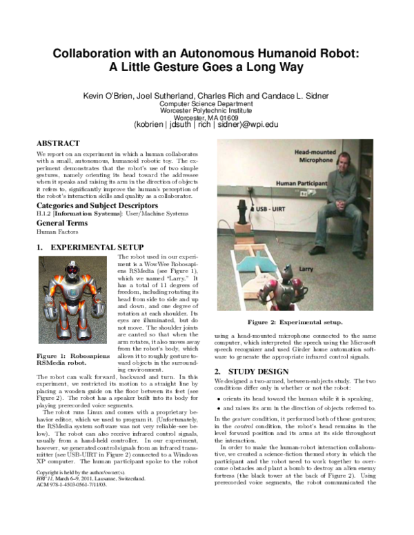 (PDF) Collaboration with an autonomous humanoid robot