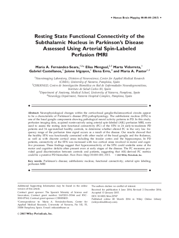 (PDF) Resting state functional connectivity of the subthalamic nucleus ...