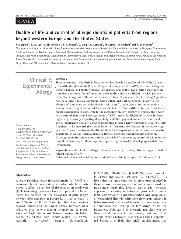 (PDF) Prevalence and diversity of allergic rhinitis in regions of the ...