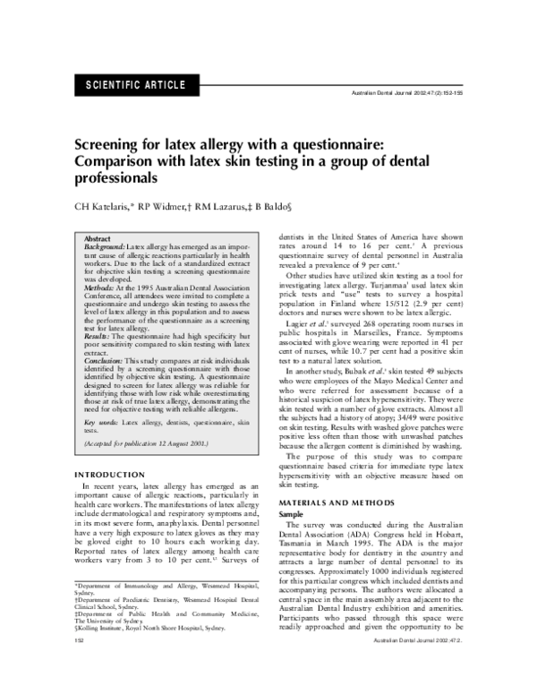 (PDF) Screening for Latex Allergy with A Questionnaire Comparison with