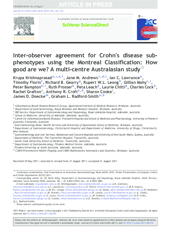 (PDF) Inter-observer agreement for Crohn's disease sub-phenotypes using ...