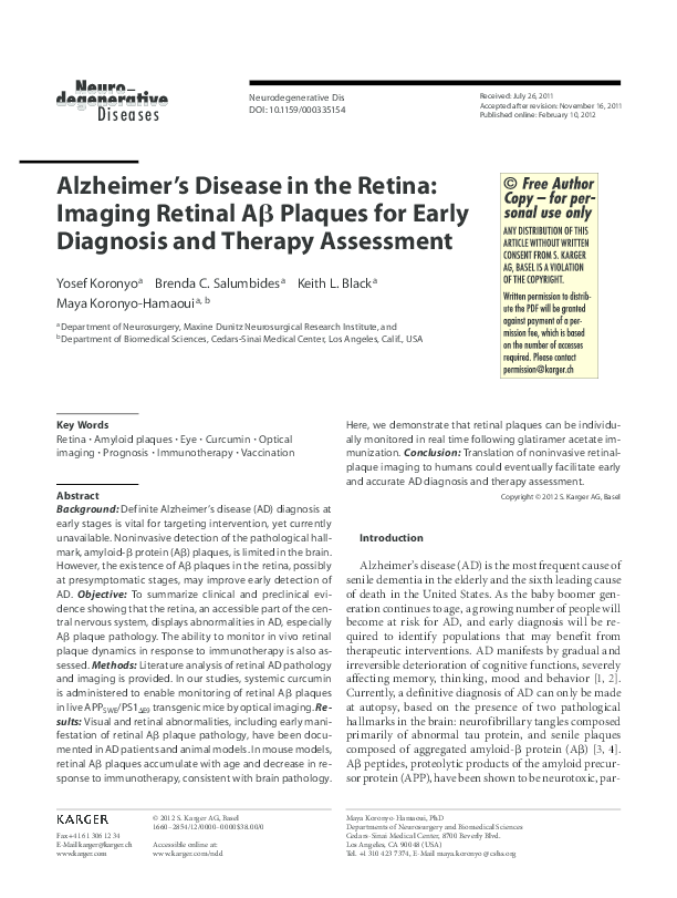 (PDF) Alzheimer s Disease in the Retina: Imaging Retinal Aß Plaques for ...