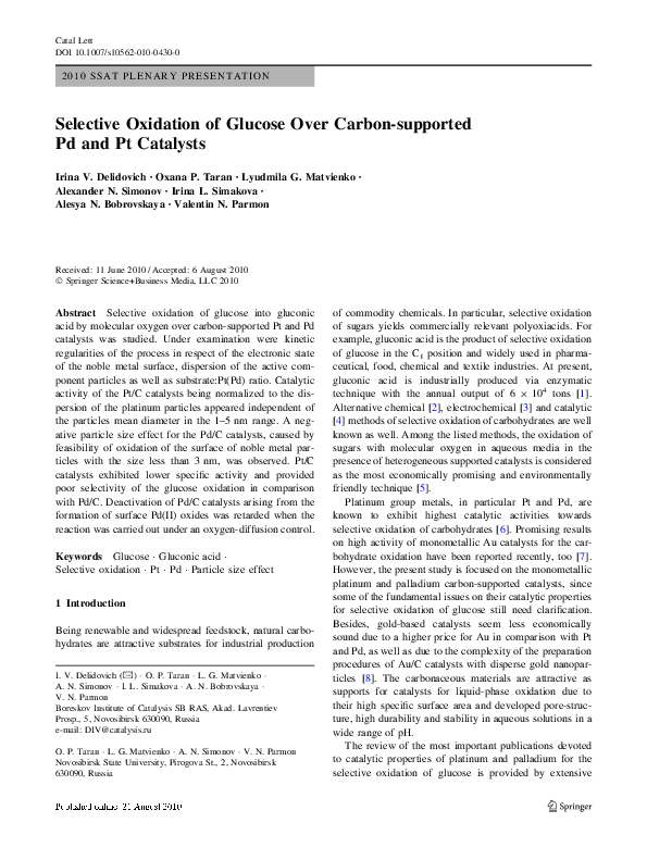 (PDF) Selective Oxidation of Glucose Over Carbon-supported Pd and Pt ...