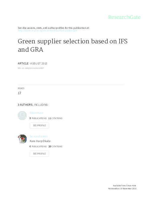 (PDF) Green supplier selection based on IFS and GRA