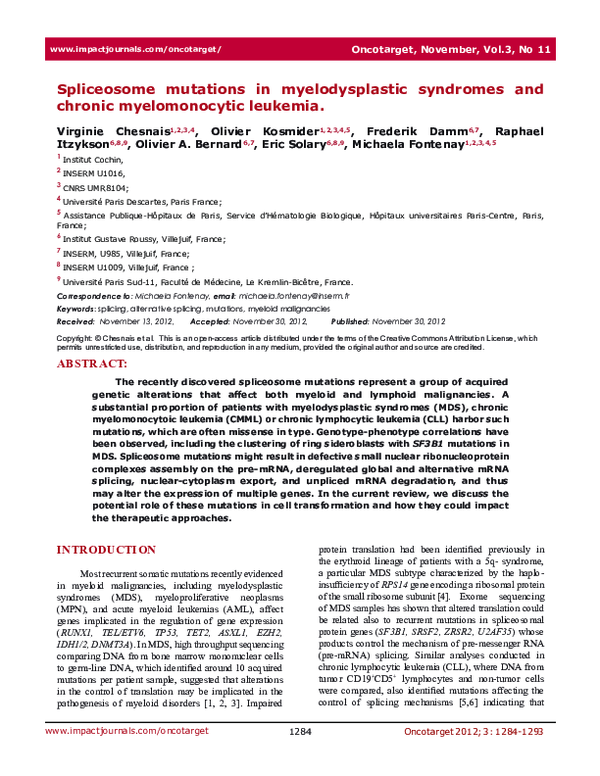 (PDF) Spliceosome mutations in myelodysplastic syndromes and chronic ...