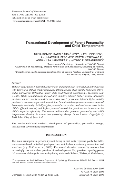(PDF) Transactional development of parent personality and child temperament