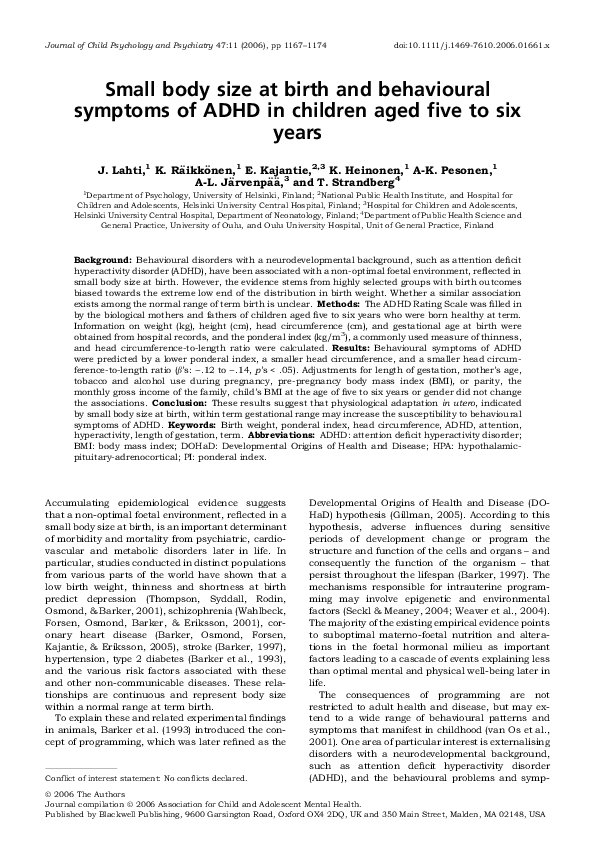 (PDF) Small body size at birth and behavioural symptoms of ADHD in
