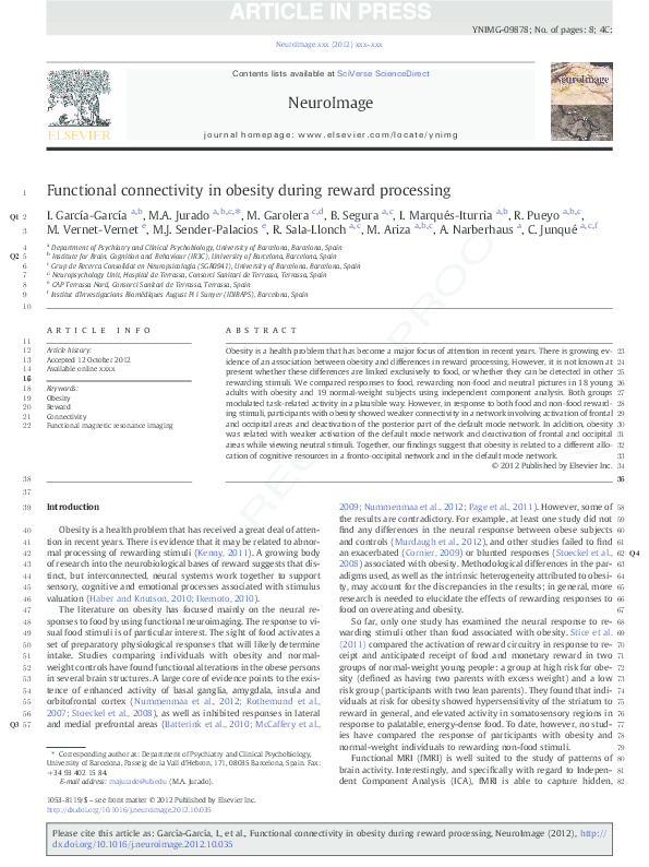(PDF) Functional connectivity in obesity during reward processing