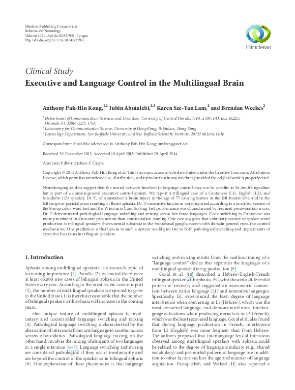 (PDF) Executive and language control in the multilingual brain ...