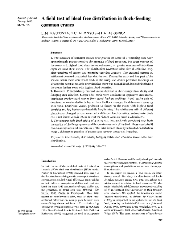 Pdf A Field Test Of Ideal Free Distribution In Flock Feeding Common Cranes Luis A Bautista Academia Edu