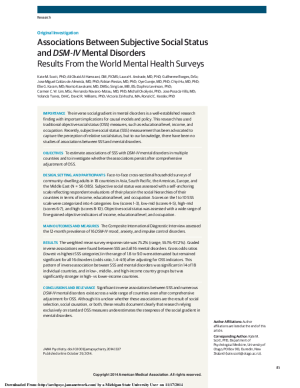 (PDF) Associations Between Subjective Social Status and DSM-IV Mental ...