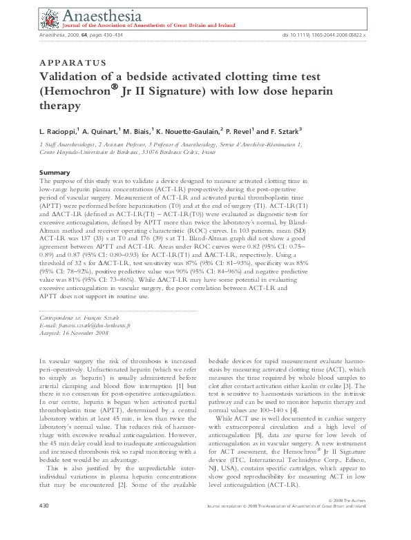 (PDF) Validation of a bedside activated clotting time test (Hemochron