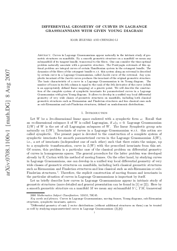 (PDF) Differential geometry of curves in Lagrange Grassmannians with given Young diagram Igor