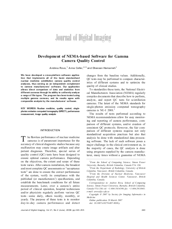 (PDF) Development of NEMAbased Software for Gamma Camera Quality