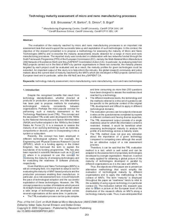 (PDF) Technology maturity assessment of micro and nano manufacturing ...