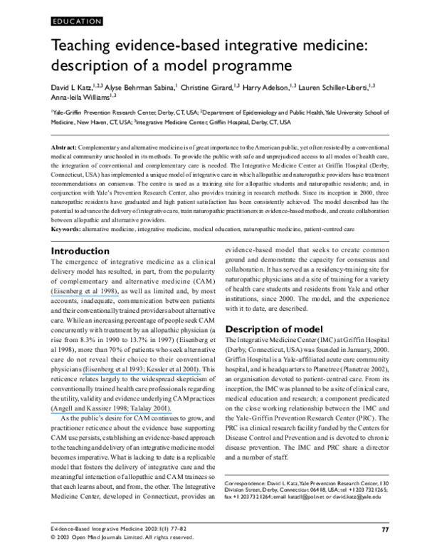 (PDF) Teaching evidencebased integrative medicine Harry Adelson, D. Katz, and Annaleila