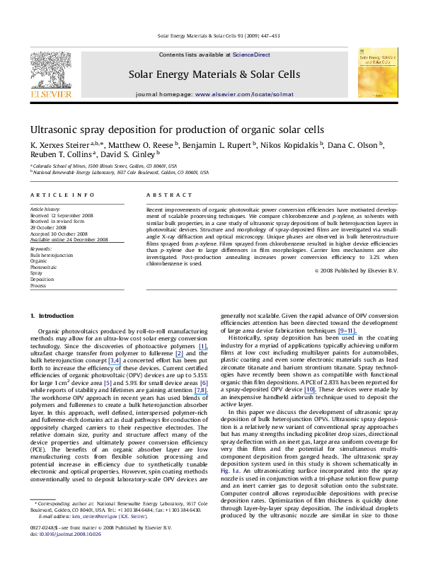 (PDF) Ultrasonic spray deposition for production of organic solar cells