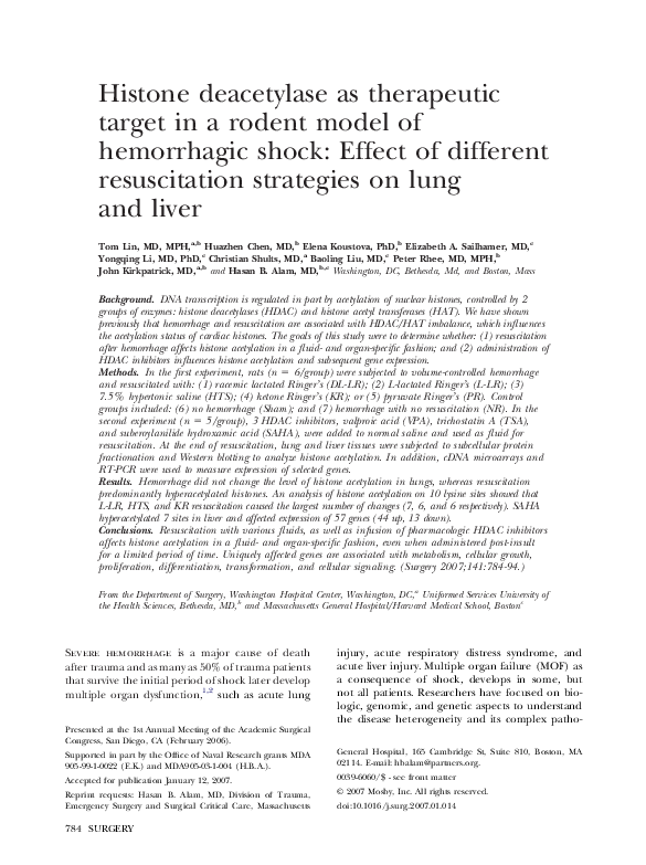 (PDF) Histone deacetylase as therapeutic target in a rodent model of ...