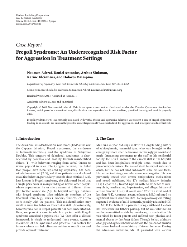 (PDF) Fregoli Syndrome: An Underrecognized Risk Factor for Aggression ...