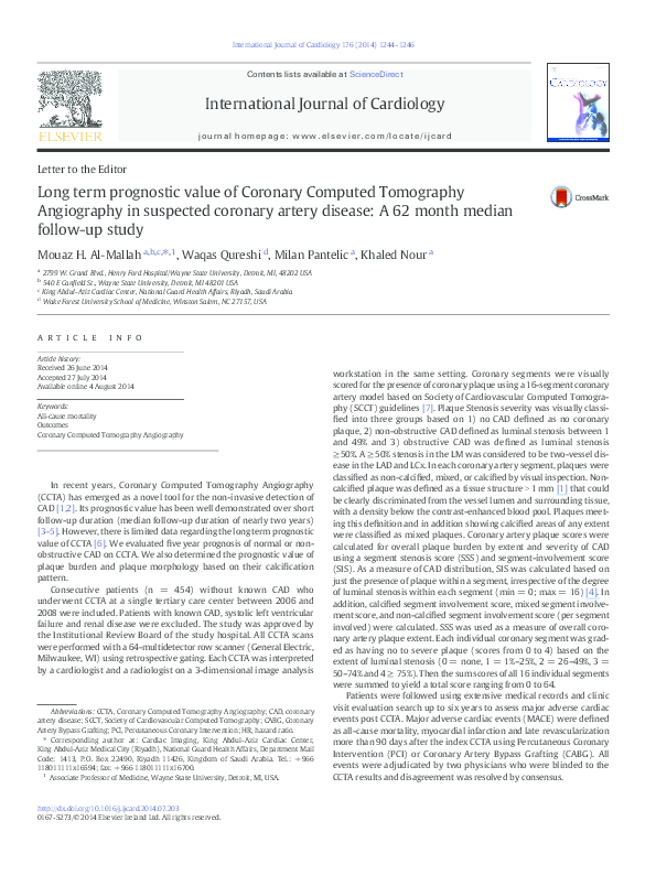 (PDF) Long term prognostic value of Coronary Computed Tomography ...