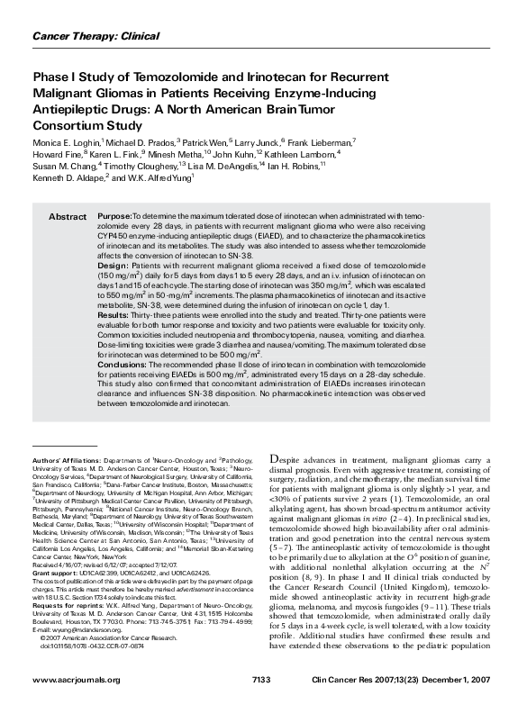 (PDF) Phase I Study of Temozolomide and Irinotecan for Recurrent