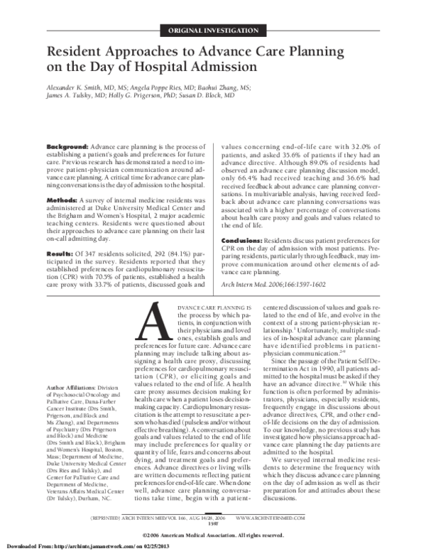 (PDF) Resident Approaches to Advance Care Planning on the Day of ...