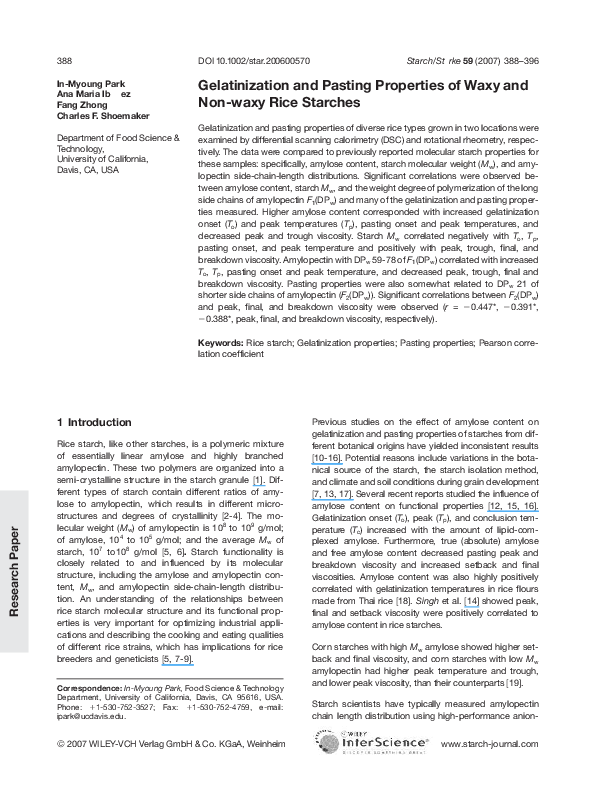 (PDF) Gelatinization and Pasting Properties of Waxy and Non-waxy Rice ...