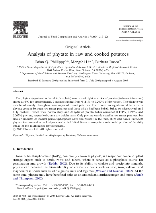 (PDF) Analysis of phytate in raw and cooked potatoes