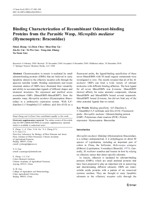 (PDF) Binding Characterization of Recombinant Odorant-binding Proteins ...