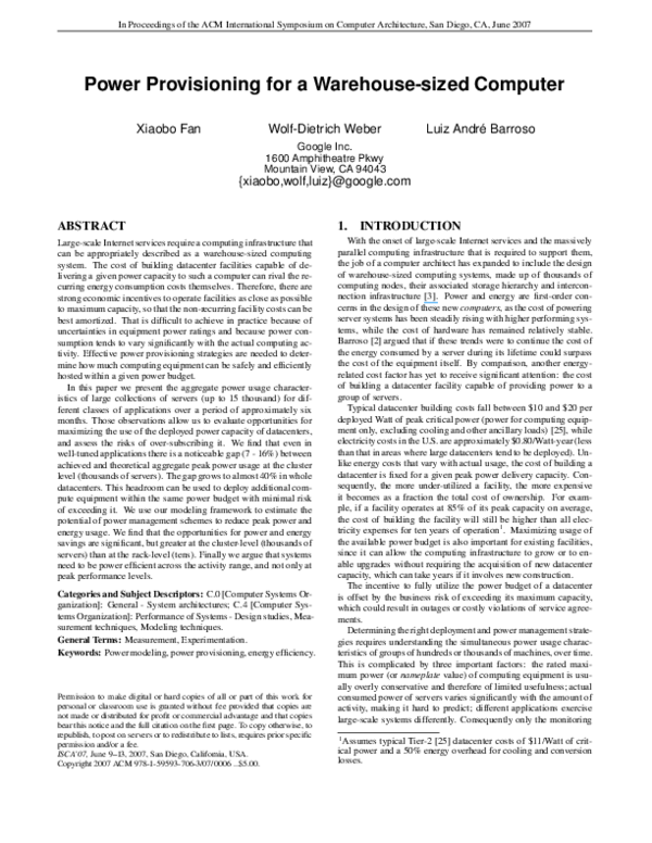(PDF) Power provisioning for a warehouse-sized computer