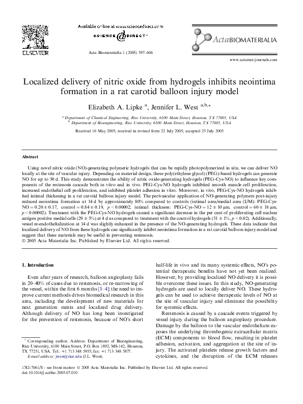(PDF) Localized delivery of nitric oxide from hydrogels inhibits ...