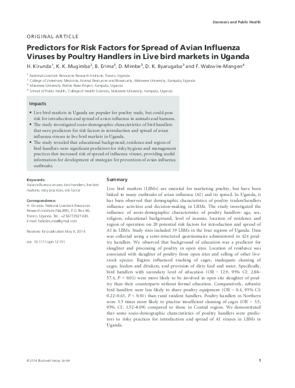 (PDF) Predictors for Risk Factors for Spread of Avian Influenza Viruses ...