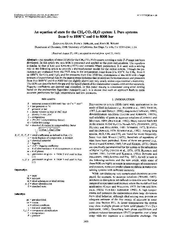 First page of “An equation of state for the CH4-CO2-H2O system: I. Pure systems from 0 to 1000°C and 0 to 8000 bar”