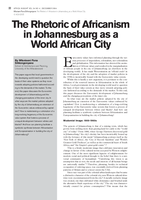 (PDF) The Rhetoric of Africanism in Johannesburg as a World African City