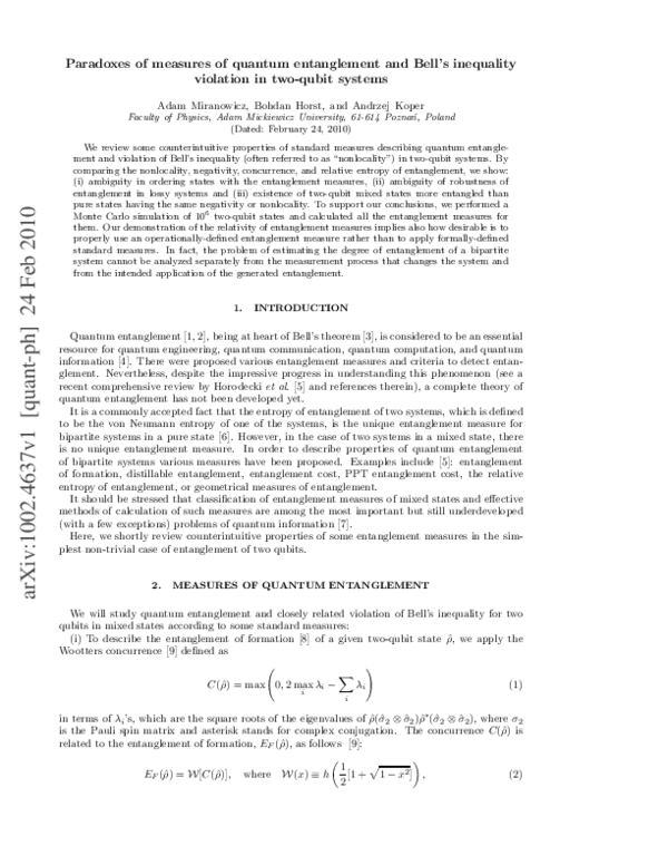 (PDF) Paradoxes of measures of quantum entanglement and Bell's ...