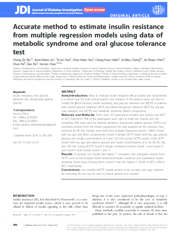 (PDF) Accurate method to estimate insulin resistance from multiple ...