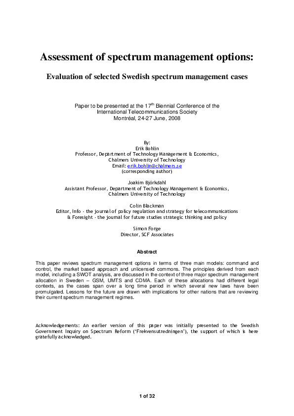 (PDF) Assessment of Spectrum Management Options: Evaluation of Selected ...